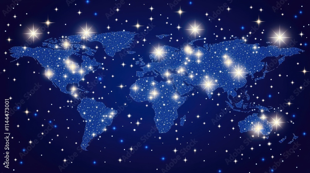 Poster abstract background featuring a light blue digital world map with glowing network nodes, representin