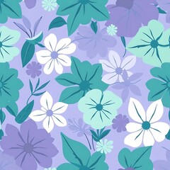 Fototapeta premium Floral Pastel Seamless Pattern: A delicate and vibrant floral pattern in shades of purple, teal, and white, perfect for textiles, wallpaper, and branding.