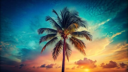 Obraz premium Vintage Travel Postcard: Coconut Palm Tree, Blue Sky, Low Light Photography