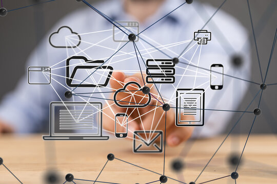 abstract lines with dots over dark background.