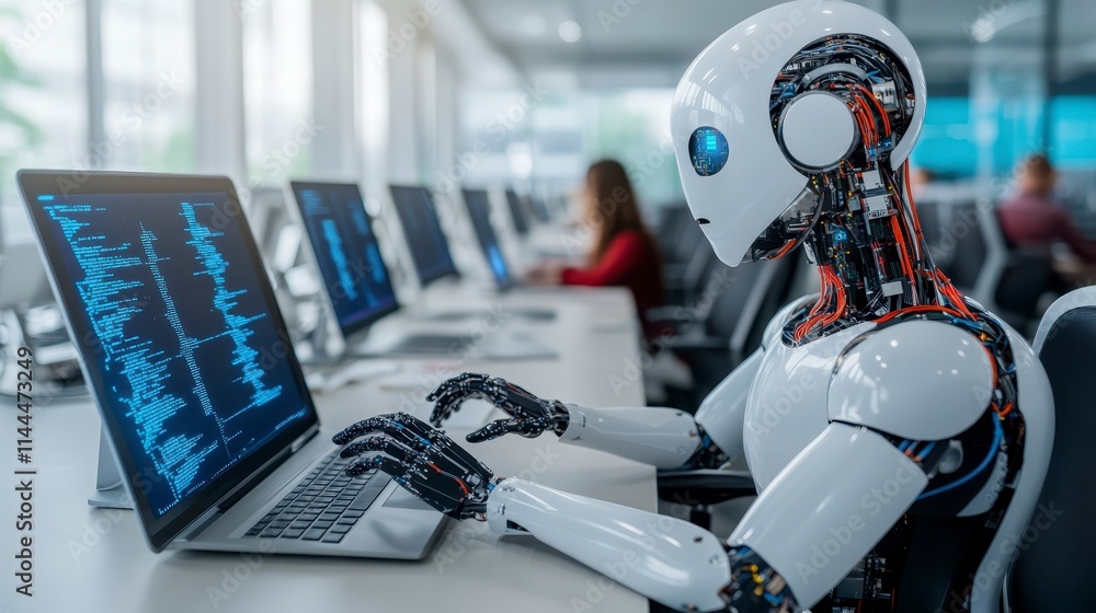 Poster a humanoid robot types on a laptop in a modern office environment, showcasing advanced technology an
