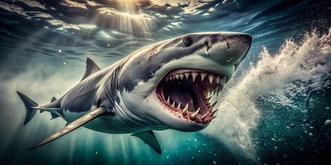 Fototapeta premium Vintage Underwater Jaws: Aggressive Shark Attack - Close-up Photo of Dangerous Predator