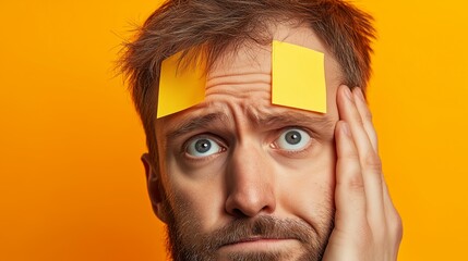 Man with sticky notes on forehead shows confusion against bright background. A man looks perplexed with a sticky notes attached to his forehead.