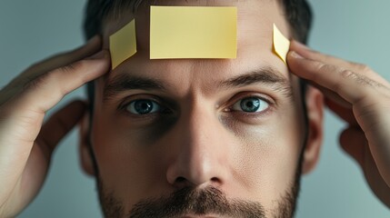 A man with sticky notes on his forehead thinking in closeup shot. A man is contemplating with sticky notes on his forehead indoors. To-do list concept with a young man.