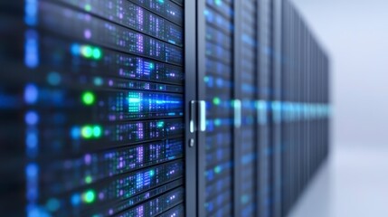 A sleek data center showcasing rows of illuminated server racks, emphasizing advanced technology and digital infrastructure.