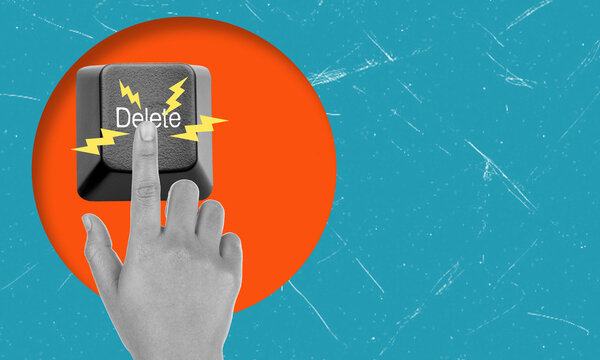 Modern art collage featuring a finger-pressed delete button with space for text.