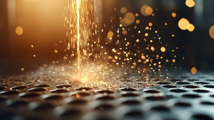 Bright sparks illuminate a metal surface during laser cutting, capturing the intense energy and precision required in high-tech industrial metalworking techniques.