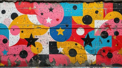 A vibrant mural featuring colorful shapes, stars, and patterns, enhancing urban aesthetics.