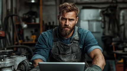 A serious-looking man in overalls uses a laptop amidst a busy workshop, highlighting the blend of traditional manual labor with modern technological tools.