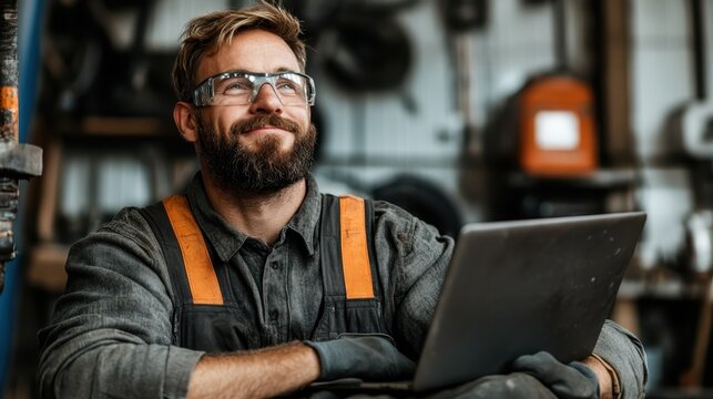 A cheerful man sporting safety glasses poses with a laptop in the work setting, embodying both safety and positivity in an industrious atmosphere around him.