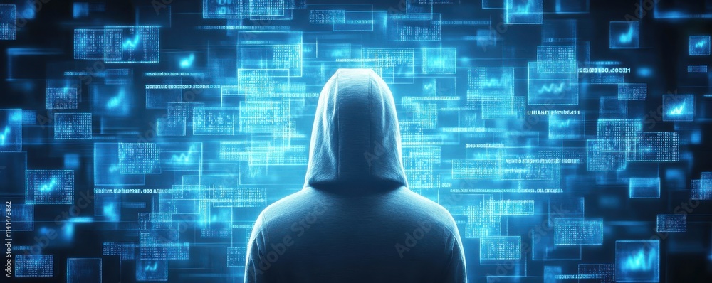 Poster a mysterious figure in a hoodie faces a glowing digital backdrop, surrounded by floating data and co
