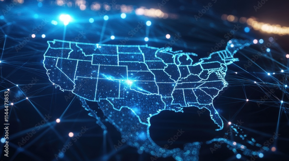 Poster digital map of united states with network connections and data points