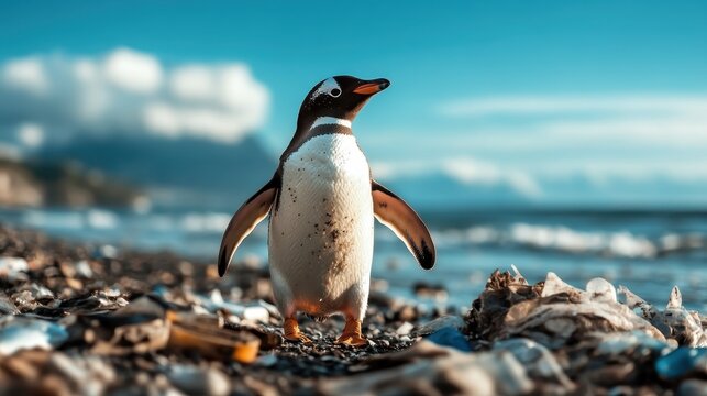 A Gentoo penguin stands majestically on a rocky beach littered with various pieces of trash, highlighting environmental pollution issues in coastal areas.