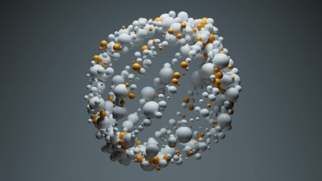 3d abstract structure composed of white and orange spheres arranged in a spherical orbital network. The composition symbolizes technology, connectivity, digital data, and modern abstract art.