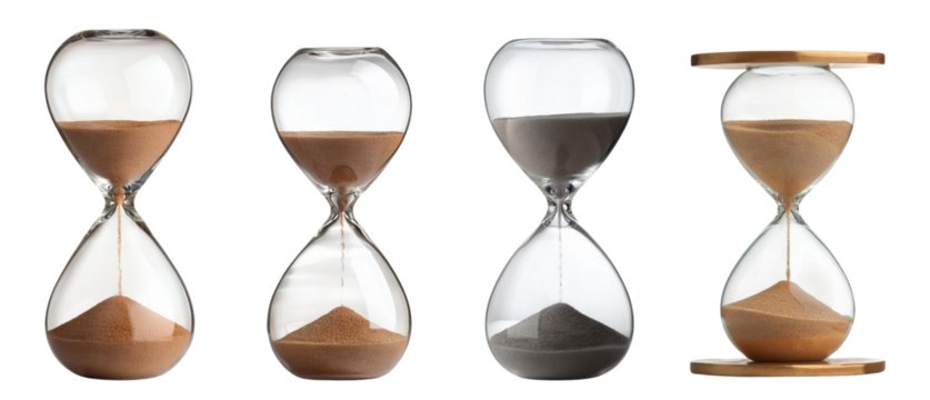 Four hourglasses symbolize the passage of time, each with unique sand colors.