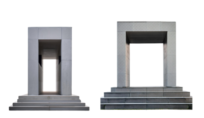 Modern architectural structures featuring geometric shapes and clean lines.