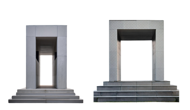 Modern architectural structures featuring geometric shapes and clean lines.