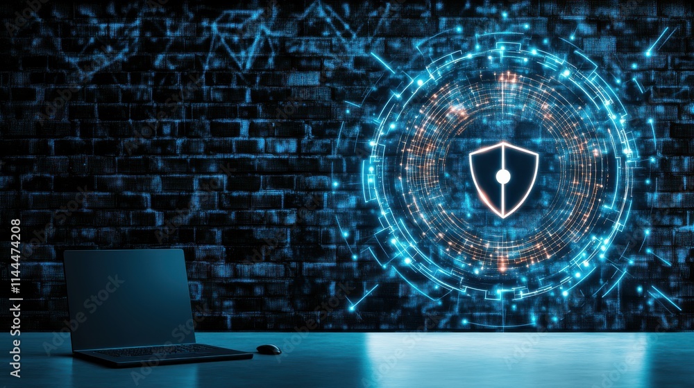 Poster a digital representation of cybersecurity featuring a shield symbol, a laptop, and a glowing blue ba