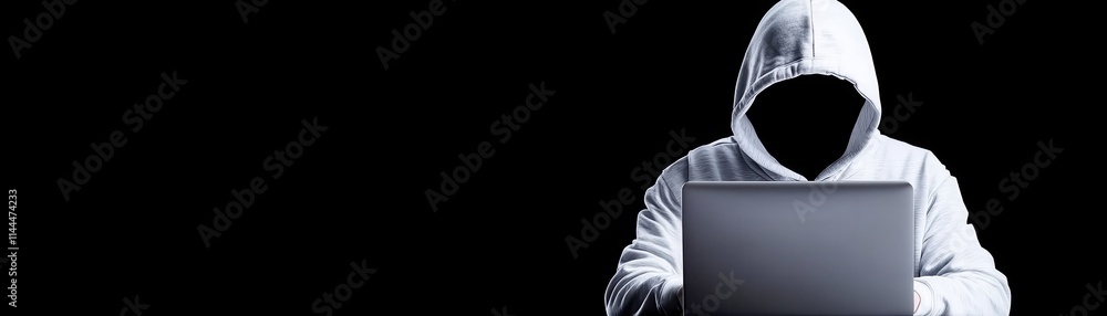 Poster a mysterious figure in a hoodie sits in front of a laptop, embodying the themes of anonymity and cyb