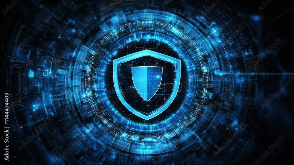 Poster a digital shield icon surrounded by a vibrant blue circuit pattern, symbolizing cybersecurity and pr