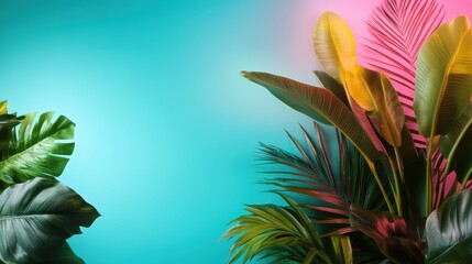A collection of vibrant tropical leaves in reds, greens, and yellows is set against a bright cyan background, creating a lively and exotic visual display of nature’s allure.