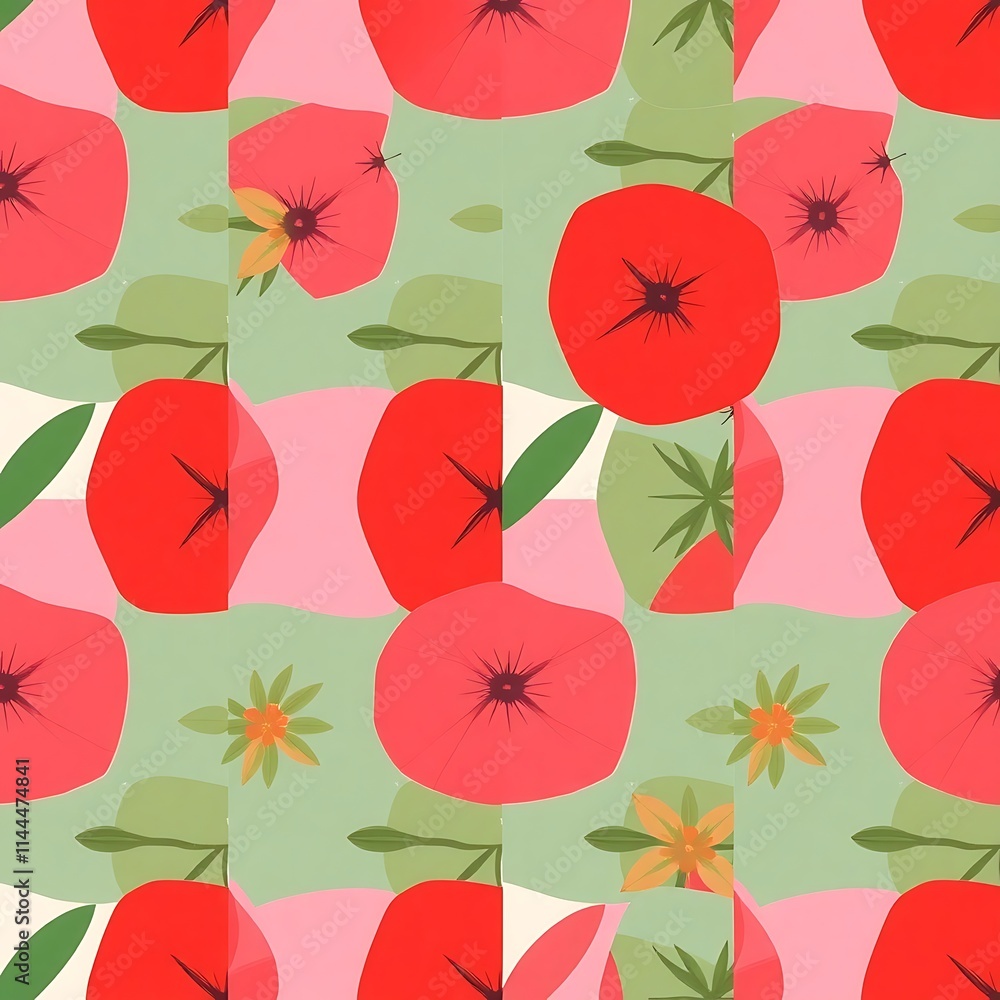 Poster red poppies abstract seamless pattern: this vibrant and playful pattern features red poppies in a st