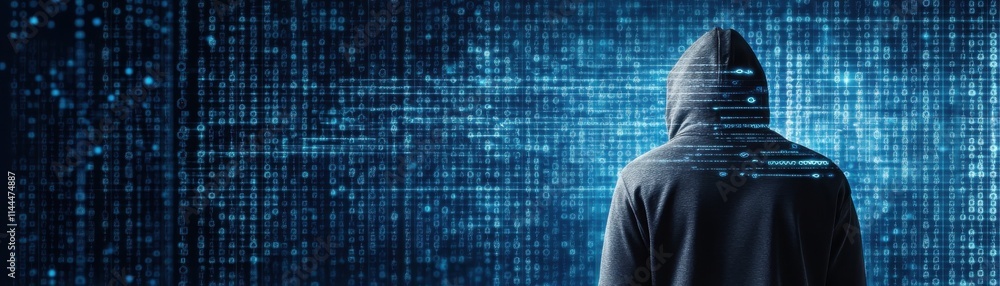 Poster a figure in a hooded sweatshirt stands against a backdrop of digital code, symbolizing themes of cyb