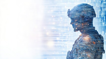 A digital silhouette of a soldier, representing the intersection of technology and military themes in a futuristic context.