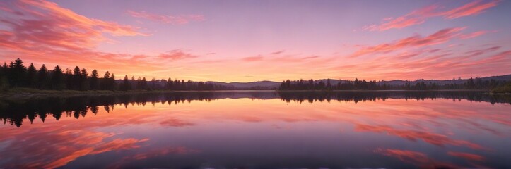 Fototapeta premium Orange and pink hues of sunset reflected in a calm lake surface, lake, peaceful