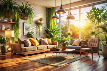 Warm Modern Interior Design: High Depth of Field Photography with Decorative Lamps & Plants
