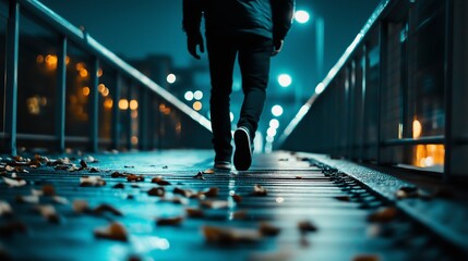 Fototapeta premium Man walking alone on a quiet bridge in the evening under city lights. A solitary figure walks along a bridge lined with autumn leaves at night.
