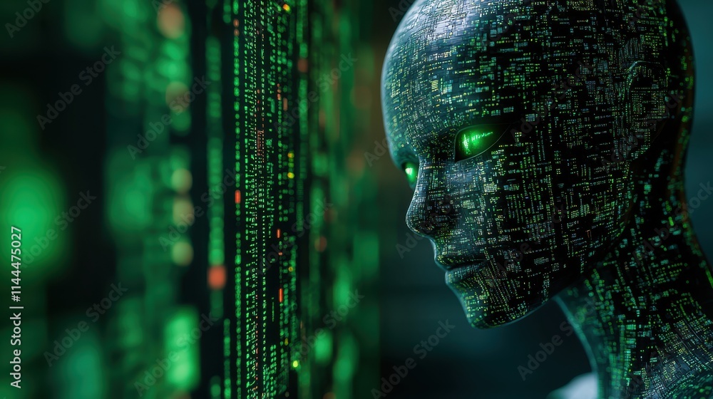 Poster a futuristic humanoid figure with glowing green eyes amidst a backdrop of digital code, symbolizing 