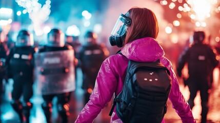 Woman protester with gas mask stands against riot police in colorful city lights. Female person wearing a gas mask and bright pink jacket faces riot police in the city.
