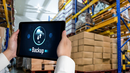 Naklejka premium Backup Storage Data Internet Technology Business concept. Database storage cloud technology file data transfer sharing, cyber, big data information, internet banking application download upload snugly