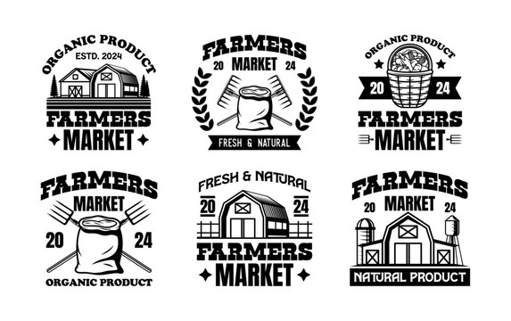 Vintage farmer logo templates collection. Farmers market ornament logo vector design elements set. Emblem of farm shop set
