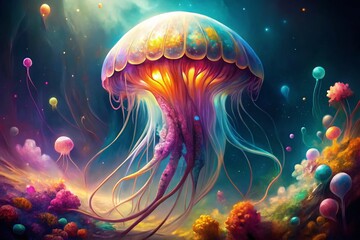 Naklejka premium Watercolor Jellyfish Painting, Ocean Art, Underwater Sea Life, Aquatic Animals, Blue Jellyfish Illustration