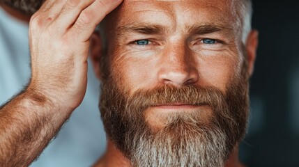 The man displays contentment and satisfaction after a refreshing hair wash. He has a vibrant smile, neatly groomed beard, and wet hair brushed back.