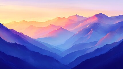 Fototapeta premium A tranquil alpine mountain range at sunset, the sky transitioning from blue to golden and purple, with the last light of day illuminating the rugged terrain 