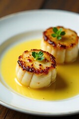 Pan-seared scallops with garlic butter sauce on a white plate, nouveau riche, garlic butter, sauce