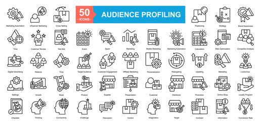 Audience Profilling Icon Sheet Marketing Automation, Influencer Marketing, Cross Selling, Brand Awareness, Competitor Analysis, Leadership, Loyalty Program, Conversion Rate, Positioning, Strategy, Tim