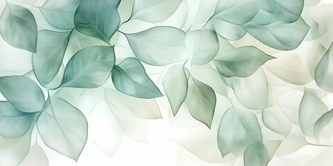 A soft, abstract illustration of overlapping leaves in varying shades of green and white.