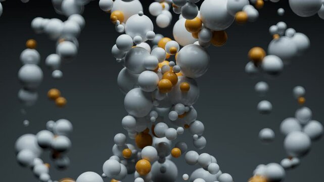 3D floating white and orange spheres against a dark gray background. The dynamic composition creates a sense of motion and depth, ideal for technology, data, and modern design concepts.