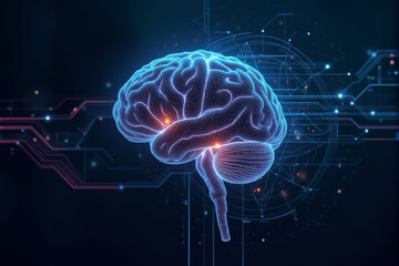 Fototapeta premium A futuristic AI brain background featuring neural grid visuals, glowing circuits, and abstract data streams for a high-tech concept..