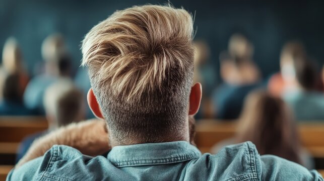 A person with blond hair sits in a classroom among other students, indicating a collective learning experience focused on the lecture at the front.