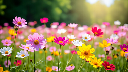 Obraz premium Vibrant wildflower meadow in golden sunlight with soft bokeh background