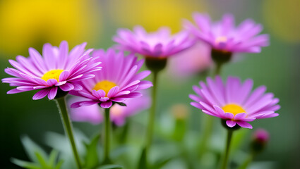 Obraz premium Fioletowe stokrotki kwitnące w tętniącym życiem ogrodzie