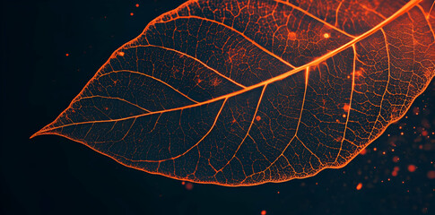 A close-up of a glowing leaf with intricate vein patterns against a dark background.