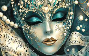 A beautiful, detailed painting of an elegant Venetian carnival mask with pearls and musical notes in the background, using teal blue and gold colors.