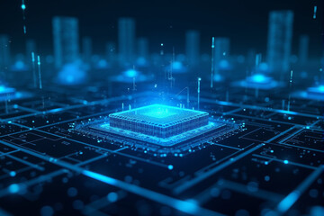 An abstract artificial intelligence background with high-tech digital grids, glowing circuits, and layered futuristic visuals..