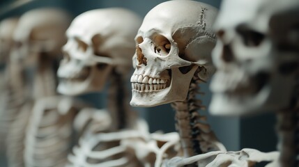 Educational display of human skeletons in a science museum setting. A group of human skeletons lined up in a row for educational purposes by the wall.